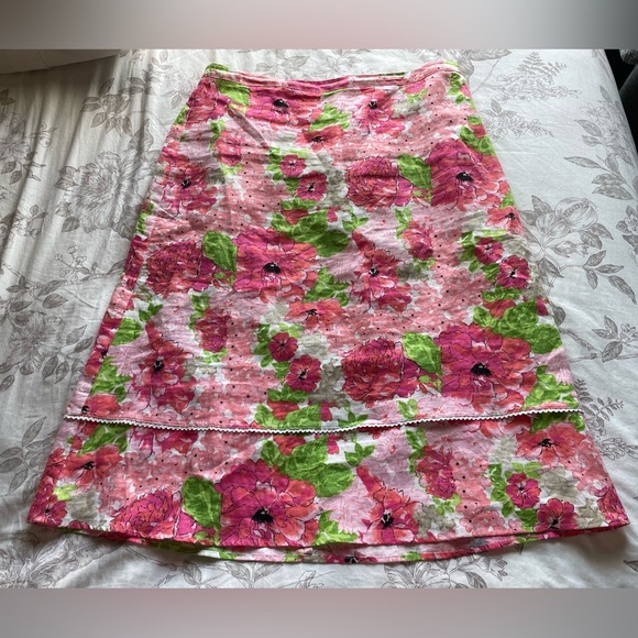 Vintage Pull On Linen Blend Floral Midi Skirt XL Petite Cottage Fairy Boho Y2K - Picture 3 of 7